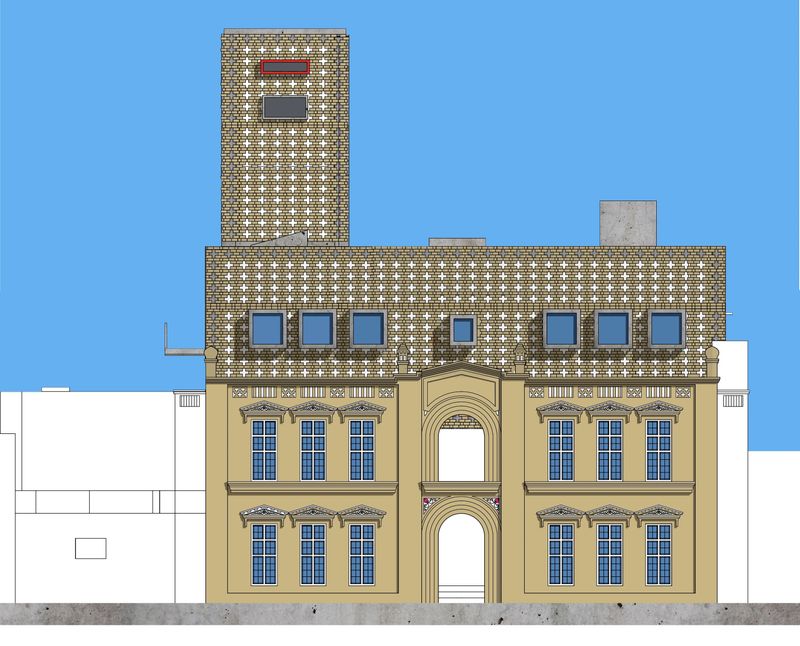 Street elevation, the retained façade below the new screened block and tower
