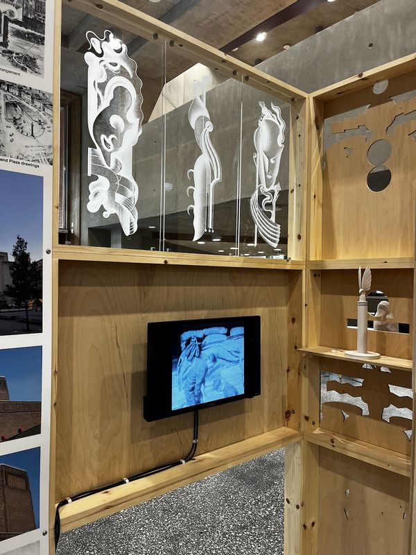 Etched glass, film and cut-outs inside a pavilion